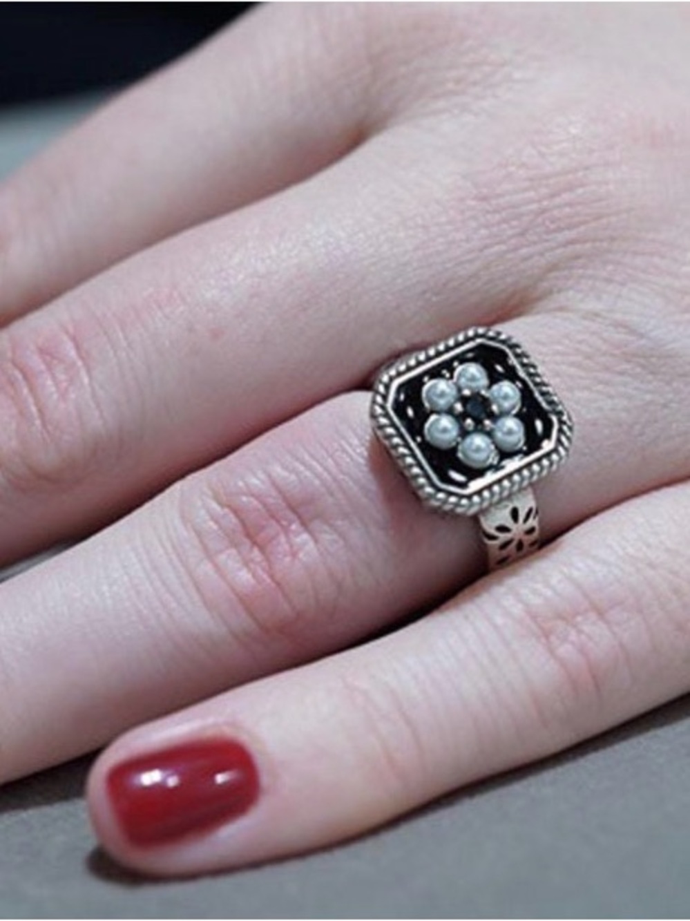 Sterling Silver Black Enamel Ring with Pearl Cluster